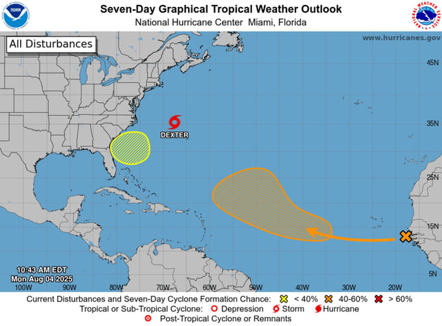 A map from the National Hurricane Center shows the area in yellow as having a 30 percent chance of development in the next seven days.
