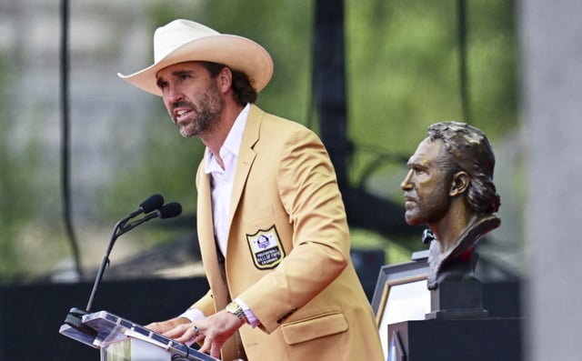 Former NFL player Jared Allen speaks during his induction into the Pro Football Hall of Fame, Saturday, Aug. 5, 2023, in Canton, Ohio.