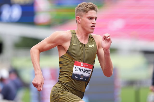Aug 3, 2025; Eugene, OR, USA; Cooper Lutkenhaus places second in the 800m in a World U20 record 1:42.27 during the USATF Championships at Hayward Field. Mandatory Credit: Kirby Lee-Imagn Images