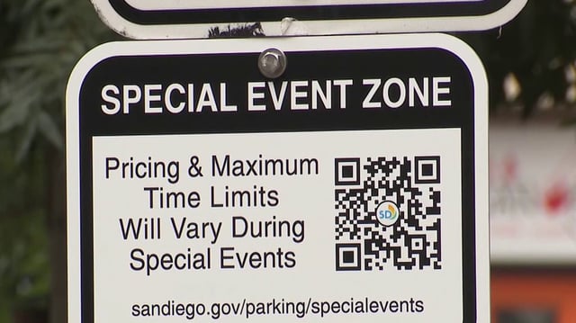 A sign warning drivers of parking meter rates in downown San Diego. https://www.sandiego.gov/parking/specialevents