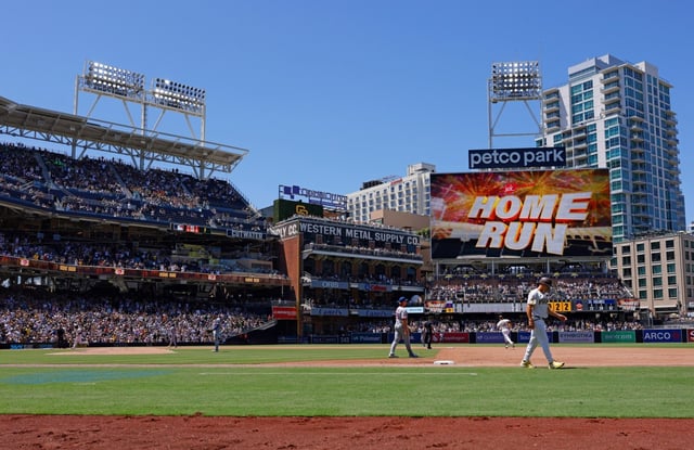Gavin Sheets #30 of the San Diego Padres rounds the bases after hitting a two-run home run in the third inning against the New York Mets at Petco Park on July 30, 2025 in San Diego, CA.  (K.C. Alfred / The San Diego Union-Tribune)