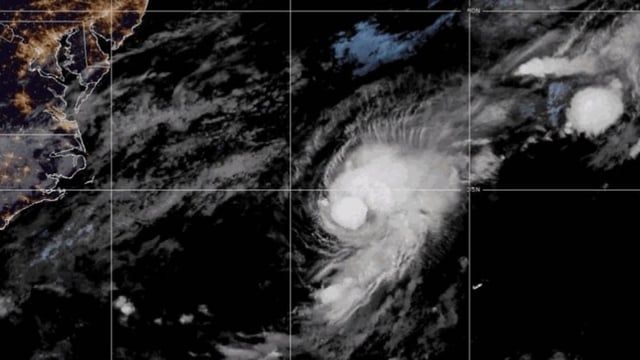 NOAA shows Tropical Storm Dexter in the western Atlantic on Monday, Aug. 4, 2025. (NOAA via AP)