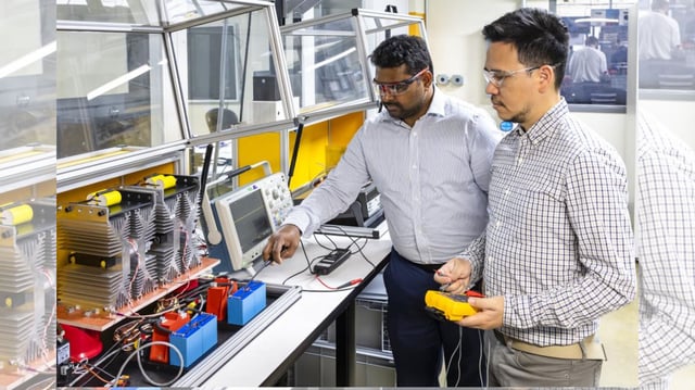 Prasad Kandula and Marcio Magri Kimpara set up a test rig for medium-voltage circuit breakers developed to protect direct current grid systems.