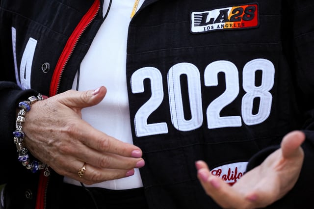 Los Angeles 2028 Olympic Games logo pictured at UCLA, Los Angeles, California, U.S., November 14, 2024. REUTERS/Daniel Cole/File Photo