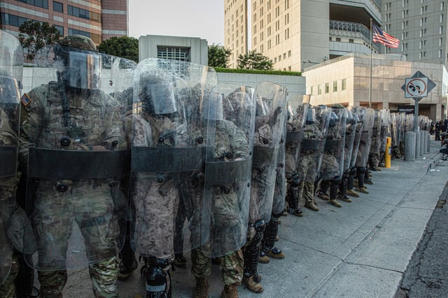 U.S. Marines at a standoff with civilians in Downtown Los Angeles.