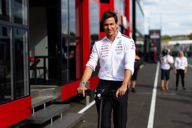 Mercedes CEO and Team Principal Toto Wolff scoots in the paddock during practice ahead of the F1 Grand Prix of Hungary at Hungaroring on August 1, 2025 in Budapest, Hungary.