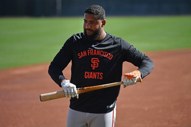 San Francisco Giants’ Jerar Encarnacion (59) holds his bat after taking batting practice during spring training at Scottsdale Stadium in Scottsdale, Arizona on Thursday, Feb. 20, 2025. (Jose Carlos Fajardo/Bay Area News Group)