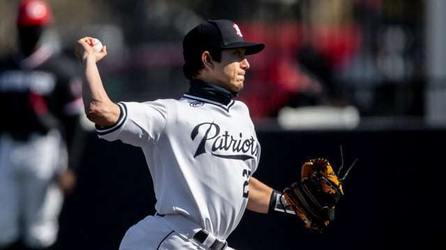 Dallas Baptist starting pitcher Dominic Hamel (27) throws during an NCAA baseball game against Austin Peay on Saturday, Feb. 20, 2021, in Dallas. Dallas Baptist won 13-2. (AP Photo/Brandon Wade)