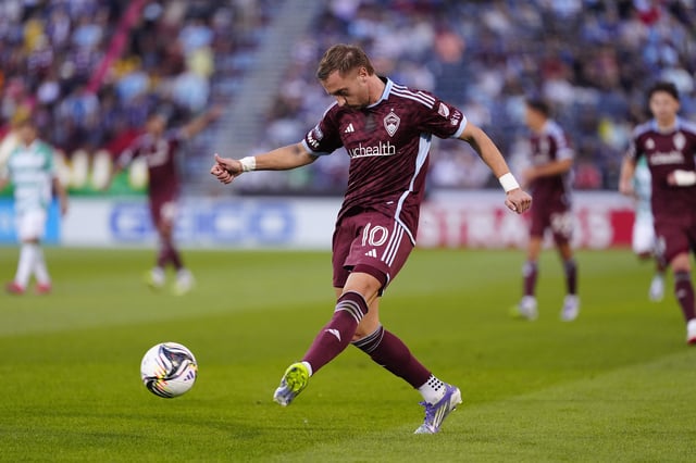Jul 31, 2025; Commerce City, Colorado, USA; Colorado Rapids midfielder Djordje Mihailovic (10) kicks the ball at the net of Santos Laguna in the first half at Dick's Sporting Goods Park. Mandatory Credit: Ron Chenoy-Imagn Images/File Photo