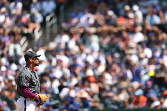 NEW YORK, NEW YORK - AUGUST 03: Frankie Montas #47 of the New York Mets looks on during the first inning against the San Francisco Giants at Citi Field on August 03, 2025 in the Queens borough of New York City. (Photo by Ishika Samant/Getty Images)