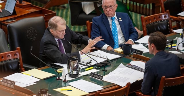 Texas Sen. Brian Birdwell R-Granbury speaks as Texas Sen. Bob Hall R-Edgewood and Texas. Sen. Mayes Middleton R-Galveston during a senate committee hearing at the Senate Chambers Monday, Aug. 4, 2025 in Austin, Texas.