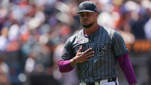 Aug 3, 2025; New York City, New York, USA; New York Mets starting pitcher Frankie Montas (47) reacts while walking off the field after the top of the first inning against the San Francisco Giants at Citi Field. Mandatory Credit: Vincent Carchietta-Imagn Images