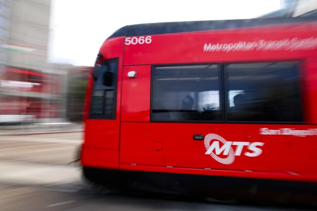 A Blue Line trolley travels to the 12th &amp; Imperial Transit Center on Friday, May 30, 2025 in San Diego, CA. (Meg McLaughlin / The San Diego Union-Tribune)