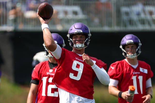 Jul 29, 2025; Eagan, MN, USA; Minnesota Vikings quarterback J.J. McCarthy (9) takes part in drills during the teams training camp at the Minnesota Vikings Training Facility. Mandatory Credit: Matt Krohn-Imagn Images
