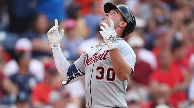 Aug 2, 2025; Philadelphia, Pennsylvania, USA; Detroit Tigers outfielder Kerry Carpenter (30) reacts after hitting a home run against the Philadelphia Phillies during the third inning at Citizens Bank Park. Mandatory Credit: Bill Streicher-Imagn Images