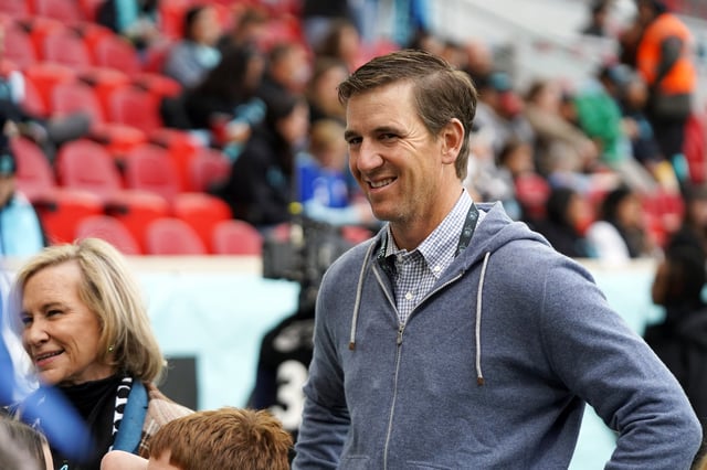 Nov 10, 2024; Harrison, New Jersey, USA; NJ/NY Gotham FC minority owner Eli Manning looks on before a 2024 NWSL Playoffs quarterfinal match against Portland Thorns FC at Red Bull Arena. Mandatory Credit: Lucas Boland-Imagn Images/File Photo