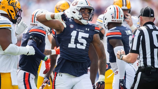Auburn Tigers defensive lineman Keldric Faulk (15) celebrates a stop as Auburn Tigers take on California Golden Bears at Jordan-Hare Stadium in Auburn, Ala., on Saturday, Sept. 7, 2024.