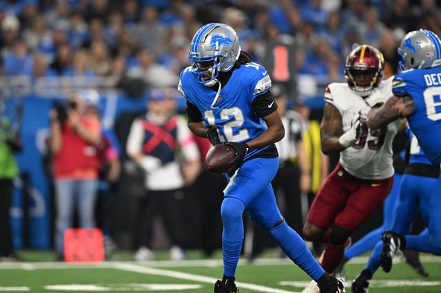 Jan 18, 2025; Detroit, Michigan, USA; Detroit Lions quarterback Teddy Bridgewater (12) hands the ball off during the second quarter against the Washington Commanders in a 2025 NFC divisional round game at Ford Field. Mandatory Credit: Lon Horwedel-Imagn Images/File Photo