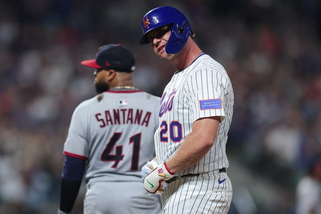 NEW YORK, NEW YORK - AUGUST 04: Pete Alonso #20 of the New York Mets reacts after hitting an RBI single in the eighth inning against the Cleveland Guardians at Citi Field on August 04, 2025 in New York City. (Photo by Dustin Satloff/Getty Images)