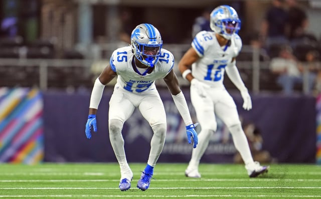 Ennis Rakestraw Jr. #15 of the Detroit Lions defends in coverage during an NFL football game against the Dallas Cowboys at AT&amp;T Stadium on October 13, 2024 in Arlington, Texas.