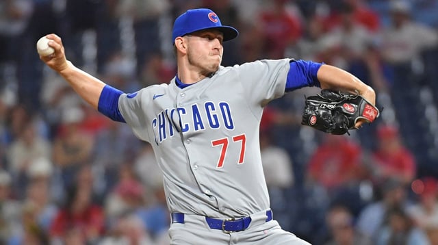 Jun 10, 2025; Philadelphia, Pennsylvania, USA; Chicago Cubs pitcher Chris Flexen (77) throws a pitch during the ninth inning against the Philadelphia Phillies at Citizens Bank Park. Mandatory Credit: Eric Hartline-Imagn Images
