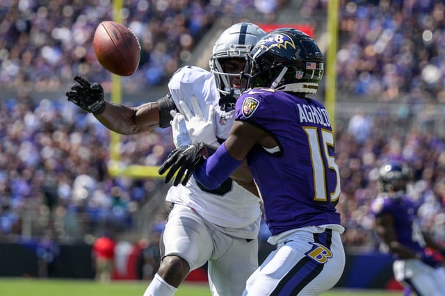 Sep 15, 2024; Baltimore, Maryland, USA; Las Vegas Raiders cornerback Jakorian Bennett (0) deflects the ball away from Baltimore Ravens wide receiver Nelson Agholor (15) during the first half at M&T Bank Stadium. Mandatory Credit: Reggie Hildred-Imagn Images/File Photo