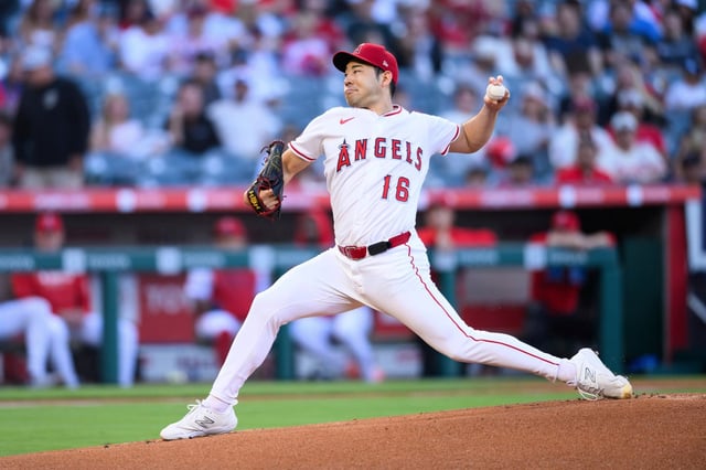 Angels pitcher Yusei Kikuchi delivers during the first inning of a baseball game against the Tampa Bay Rays, Monday, Aug. 4, 2025, in Anaheim. (AP Photo/William Liang)