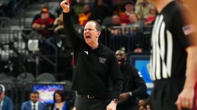 Mar 13, 2024; Las Vegas, NV, USA; Washington Huskies head coach Mike Hopkins signals during a game against the USC Trojans during the second half at T-Mobile Arena. Mandatory Credit: Stephen R. Sylvanie-Imagn Images
