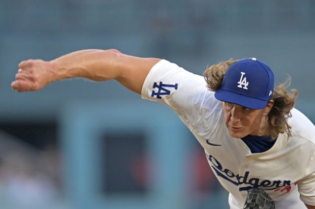 Aug 5, 2024; Los Angeles, California, USA; Los Angeles Dodgers starting pitcher Tyler Glasnow (31) delivers to the plate in the first inning against the Philadelphia Phillies at Dodger Stadium. Mandatory Credit: Jayne Kamin-Oncea-USA TODAY Sports