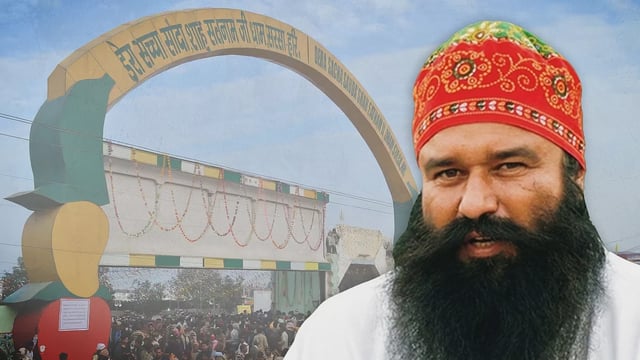 A cutout of Ram Rahim with a picture of the dera in the background.