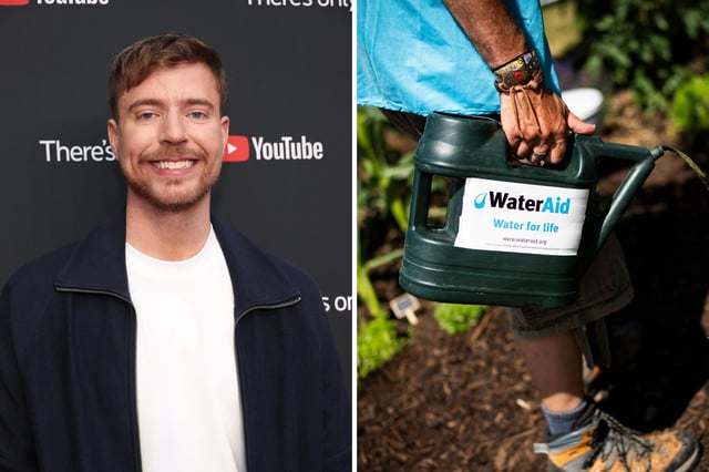 MrBeast attends YouTube Brandcast 2025 at David Geffen Hall on May 14, 2025 in New York City. Image shows a WaterAid watering can at the Glastonbury Festival in Worthy Farm, Somerset, England, Thursday, June 22, 2023.