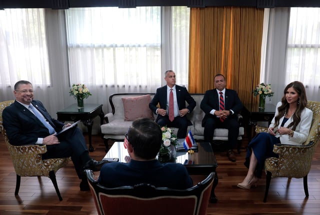 Homeland Security Secretary Kristi Noem, right, meets with President of Costa Rica Rodrigo Chaves Robles, left, at the Casa Presidencial on June 25 in San Jose, Costa Rica. Corey Lewandowski, center, joined the meeting.