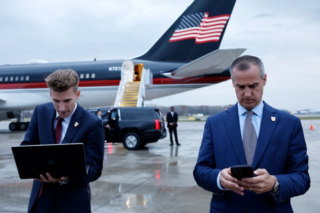 Corey Lewandowski outside Trump Force One as Trump campaigns in Green Bay, Wisconsin, in October 2024.