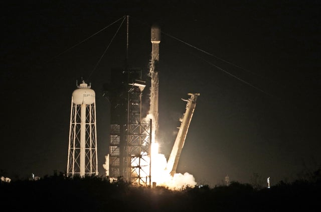 Intuitive Machines&#39; Athena lander on top of a SpaceX Falcon 9 rocket, launches toward the moon from Launch Complex 39A at NASA&#39;s Kennedy Space Center, Florida, February 26, 2025.