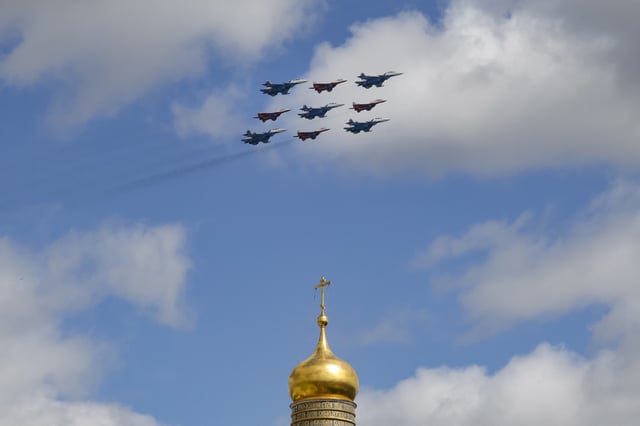 Russian Sukhoi Su-30SM fighter jets and MiG-29 fighter jets in a rehearsal for the Victory Day military parade in central Moscow on May 5, 2025.