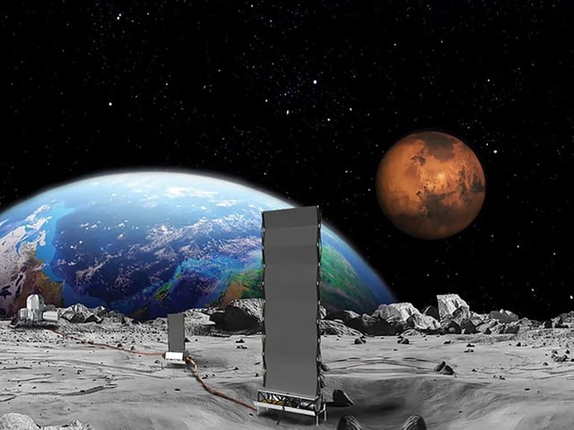 Imagen conceptual de un reactor nuclear en la superficie lunar. Crédito: NASA.