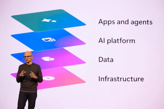 CEO Satya Nadella speaks during the first day of Microsoft’ s Build conference at the Seattle Convention Center in Seattle, Washington on Monday, May 19, 2025. (Erika Schultz/The Seattle Times/TNS)