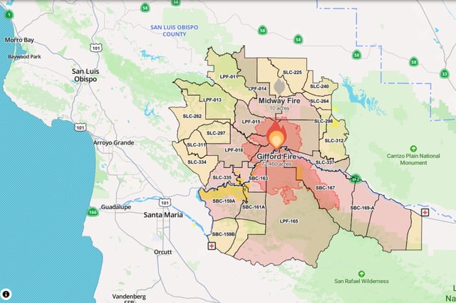 A Watch Duty map shows the approximate location of the blaze along with evacuation orders (red) and warnings (yellow).
