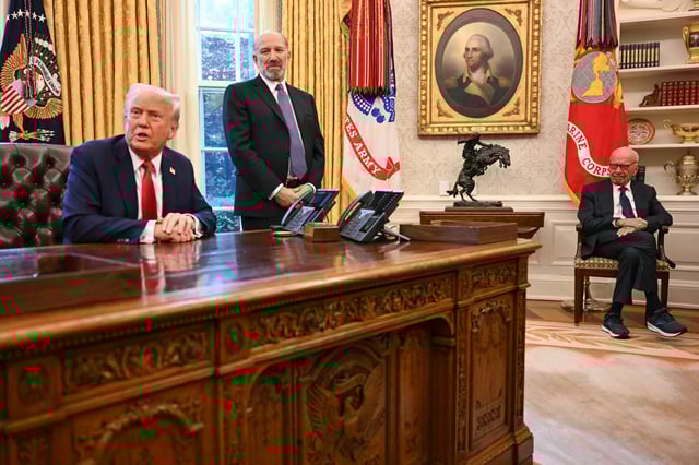 US President Donald Trump and Rupert Murdoch (right) pictured in the White house with Secretary of Commerce nominee Howard Lutnick in the Oval Office of the White House on February 3, 2025, in Washington, DC.