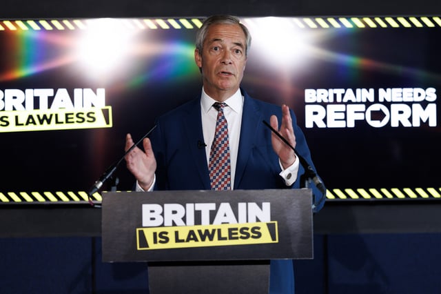 LONDON, ENGLAND - AUGUST 04: Reform UK Leader Nigel Farage attends a press conference on law and order on August 4, 2025 in London, England. Nigel Farage continues to hold weekly press conferences introducing Reform UK policies. Today, he promises that a future Reform UK government would immediately detain and deport migrants who arrive in the UK via small boat. He also introduces the party&#39;s new prison Czar, Vanessa Frake, a former prison governor who oversaw the detention of prolific serial killers like Rose West and Myra Hindley. (Photo by Dan Kitwood/Getty Images)