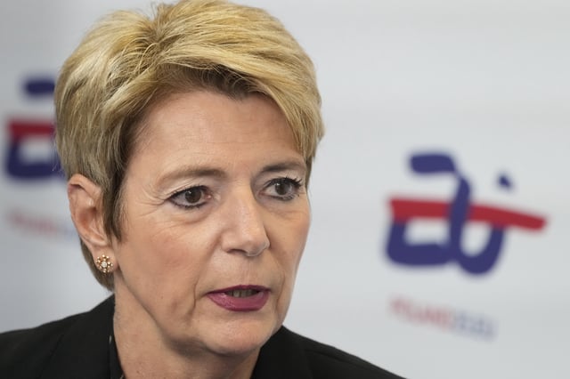 FILE - Swiss federal president Karin Keller-Sutter attends the Informal Meeting of EU Ministers for Economic and Financial Affairs and Central Bank Governors in Warsaw, Poland, on April 11, 2025. (AP Photo/Czarek Sokolowski, File)