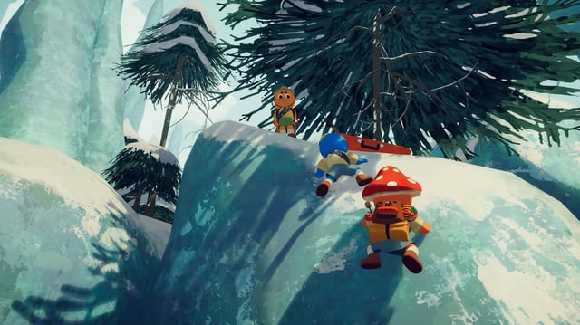 A screenshot of three players climbing to the top of a cliff in PEAK.