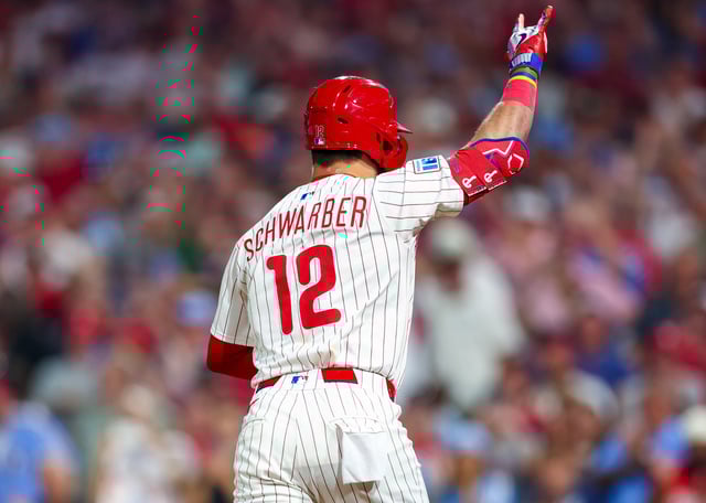 PHILADELPHIA, PENNSYLVANIA - AUGUST 4: Kyle Schwarber #12 of the Philadelphia Phillies rounds the bases on his grand slam in the sixth inning against the Baltimore Orioles at Citizens Bank Park on August 4, 2025 in Philadelphia, Pennsylvania. (Photo by Heather Barry/Getty Images)
