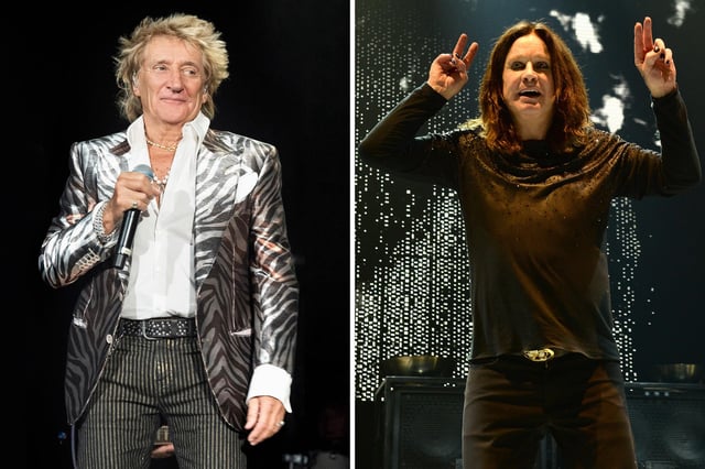 (L) Rod Stewart performs at Huntington Bank Field on September 13, 2024 in Cleveland, Ohio. (R) Ozzy Osbourne performs with Black Sabbath onstage at Madison Square Garden on February 25, 2016 in New York City.
