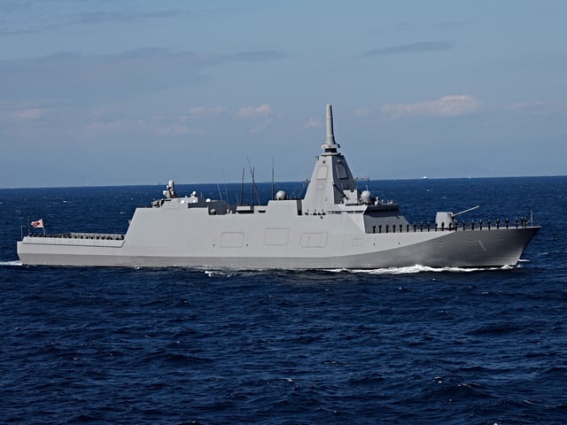 YOKOSUKA, JAPAN - NOVEMBER 06: The Japan Maritime Self-Defence Force stealth frigate JS Mogami (FFM-1) participates in an International Fleet Review commemorating the 70th anniversary of the founding of the Japan Maritime Self-Defence Force at Sagami Bay on November 6, 2022 off Yokosuka, Japan. The Japan Maritime Self-Defence Force (JMSDF) is commemorating the 70th anniversary of their founding today. (Photo by Issei Kato - Pool/Getty Images)