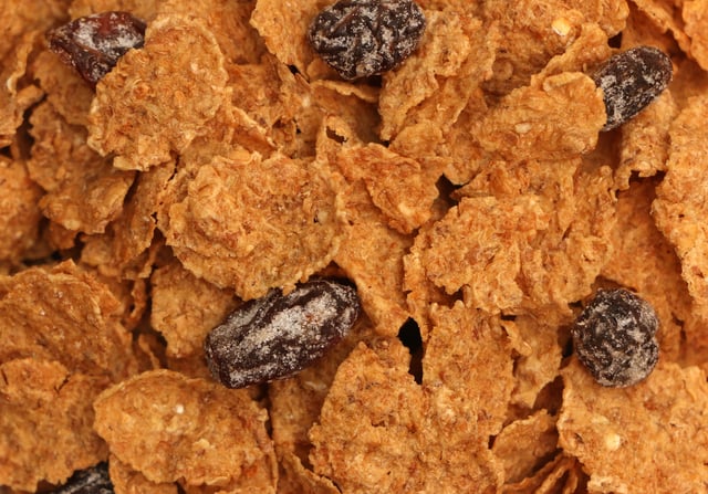 A close up stock photograph of raisin bran cereal