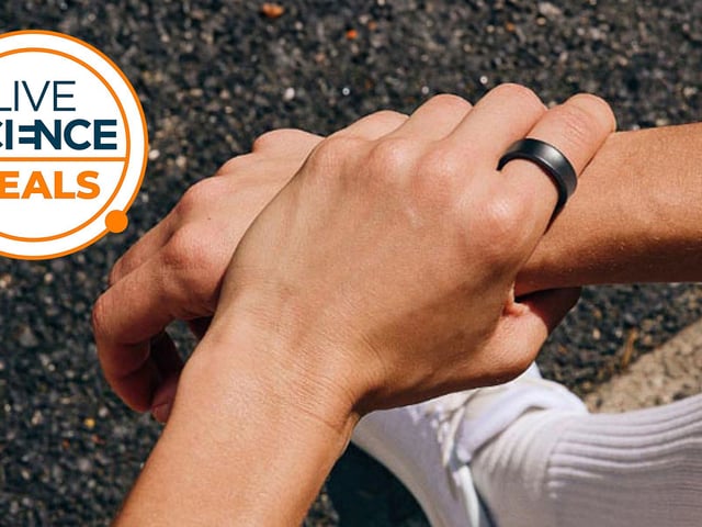 The Samsung Galaxy Ring on a persons hand with Live Science deals logo overlay