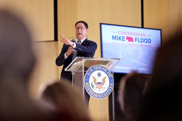 U.S. Representative Mike Flood (R-NE) answers questions from constituents during a town hall in Lincoln, Nebraska, U.S., August 4, 2025. REUTERS/Scott Morgan