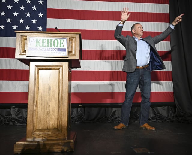 Republican Governor-elect Mike Kehoe takes the stage before his acceptance speech on election night Tuesday, Nov. 5, 2024, at the Capital Bluffs Event Center in Jefferson City, Mo.