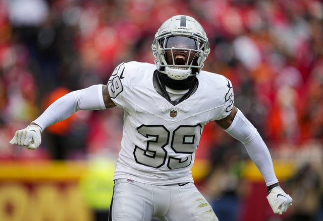 Dec 25, 2023; Kansas City, Missouri, USA; Las Vegas Raiders cornerback Nate Hobbs (39) celebrates during the first half against the Kansas City Chiefs at GEHA Field at Arrowhead Stadium. Mandatory Credit: Jay Biggerstaff-USA TODAY Sports/File Photo